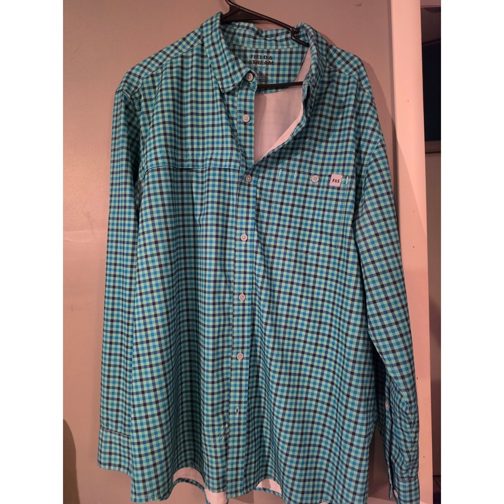 Field & Stream Mens XL Fishing Shirt Long Sleeve Teal Gingham Plaid Ventilated